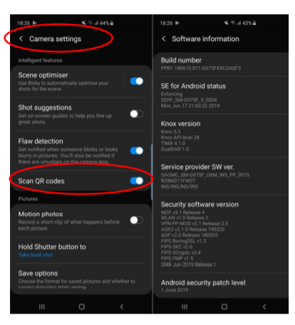 Google Android QR Code Scanning Settings for Samsung